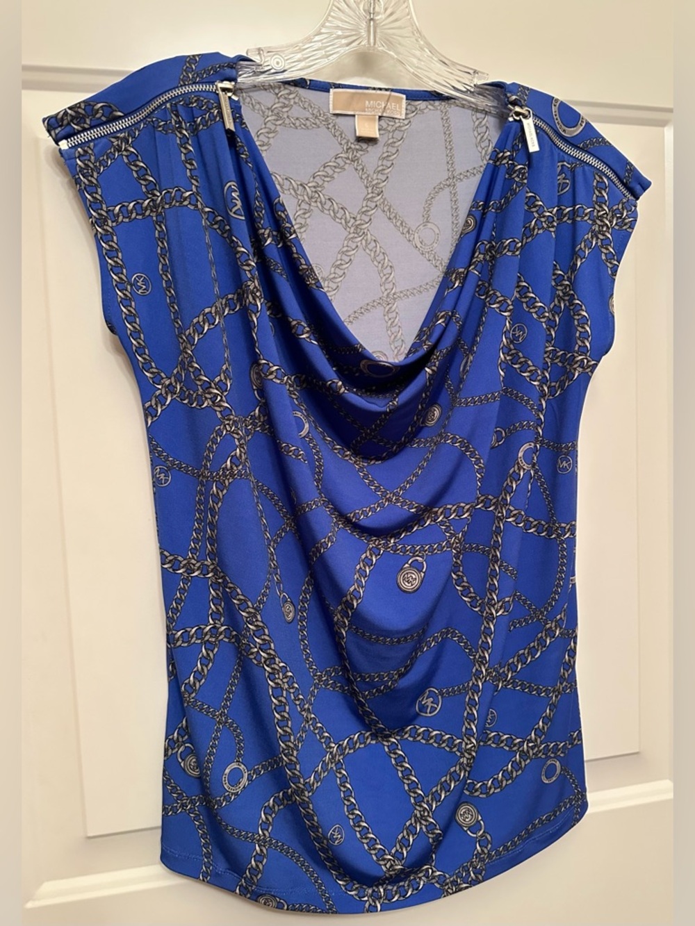 Michael Kors Blue Chain Print Cowl Neck Top - Cap Sleeve - Silver Zip Size S - Picture 1 of 8